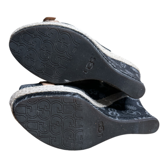 UGG Denim Blue Allover Logo Platform Wedge Buckle Wedge Shoes Sandals Size 9 - Picture 7 of 9